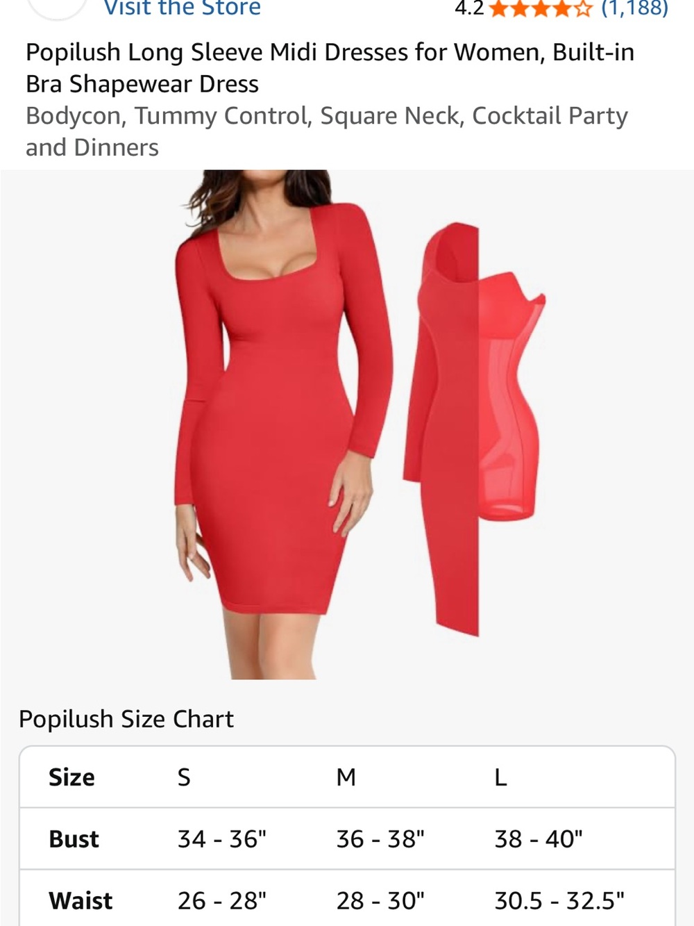 Popilush Red Long-Sleeve Bodycon Midi Dress with Built-In Shapewear